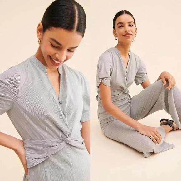 Anthropologie Current Air That’s A Wrap Striped Jumpsuit Ruched Tie Back Small - Picture 2 of 16